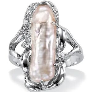 Genuine Cultured Freshwater blush Biwa Pearl with white Topaz Accent Ring sz 7